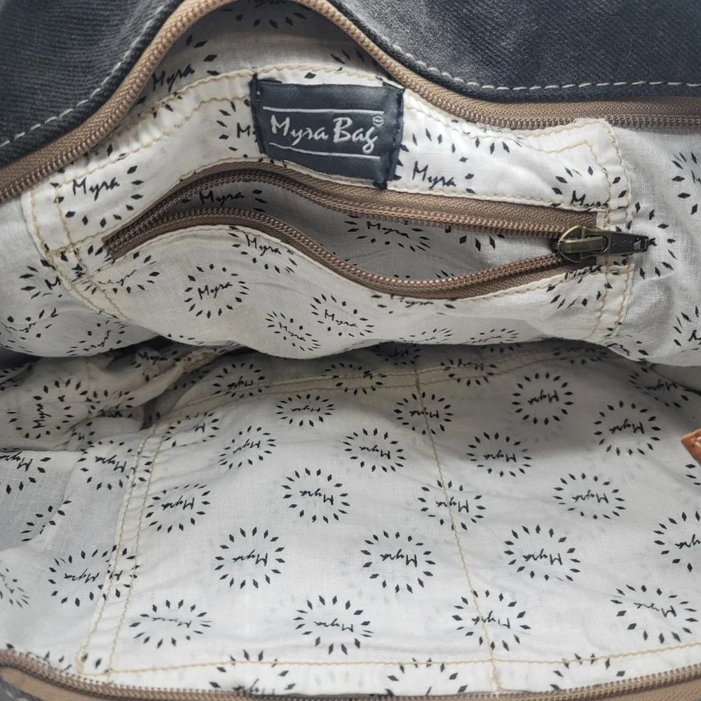 Myra Bag Cowhide Tote Purse Black Canvas Leather Western Boho Cowgirl Concho